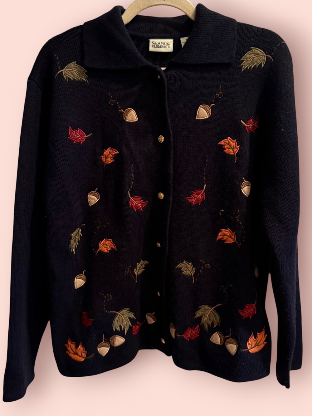 Vintage Classic Elements Fall Leaves Acorn Embroidered Cardigan Sweater